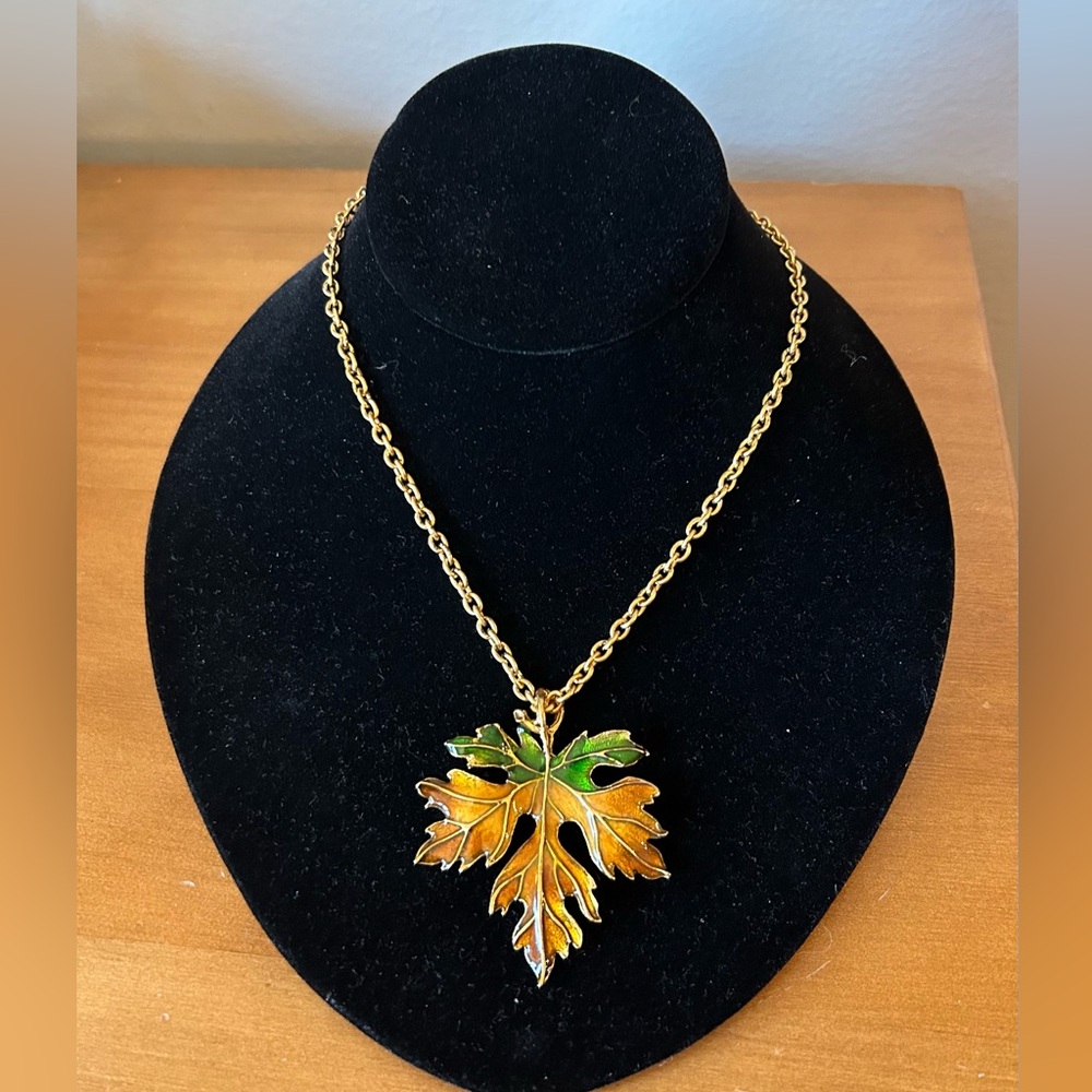 Autumn Leaf Pendant on Gold Tone Chain Necklace, Fall Hues
